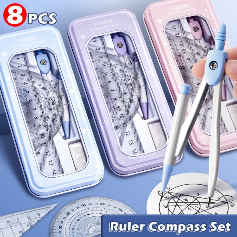 Ruler Set Transparent - 8-częściowy zestaw plastikowych linijek, cyrkiel, gumka,
